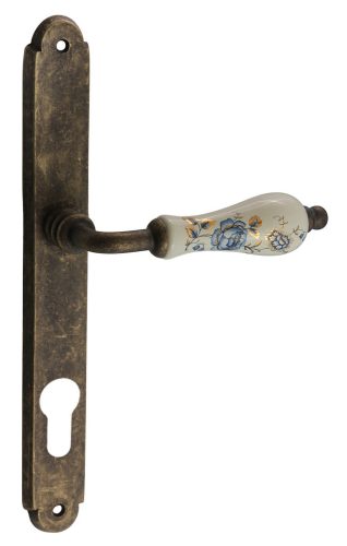 Samoha-Diána Pajzsos Fehér-Kék Virágos Porcelán Betétes Patinás Antik 72 mm PZ