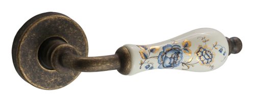 Samoha-Diána Körrozettás Fehér-Kék Virágos Porcelán Betétes Patinás Antik (Csak Kilincs Felső Rozettán)