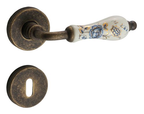 Samoha-Diána Körrozettás Fehér-Kék Virágos Porcelán Betétes Patinás Antik BB