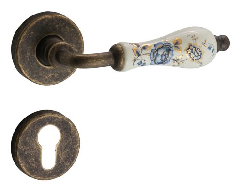 Samoha-Diána Körrozettás Fehér-Kék Virágos Porcelán Betétes Patinás Antik PZ