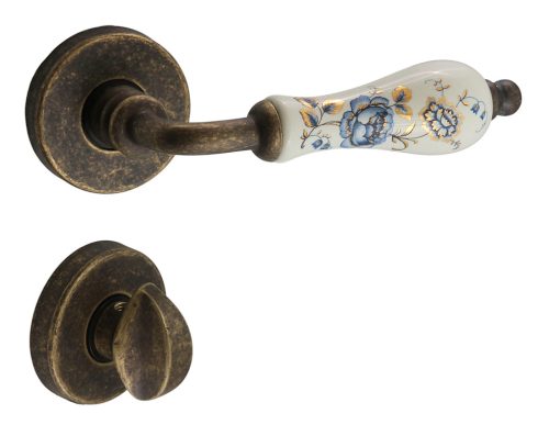 Samoha-Diána Körrozettás Fehér-Kék Virágos Porcelán Betétes Patinás Antik WC