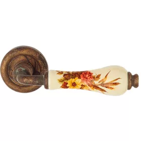   Linea Cali Dalia antik réz körrozettás kilincsgarnitúra barna virágos elefántcsontszín porcelánnal 6