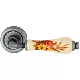   Linea Cali Dalia antik fém körrozettás kilincsgarnitúra barna virágos elefántcsontszín porcelánnal 6