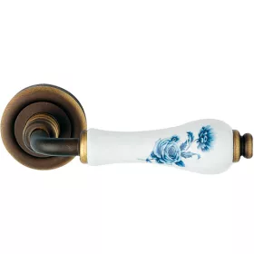   Linea Cali Dalia matt bronz körrozettás kilincsgarnitúra kék virágos fehér porcelánnal 600 RB 103 BB