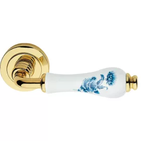   Linea Cali Dalia fényes réz körrozettás kilincsgarnitúra kék virágos fehér porcelánnal 600 RB 103 BB