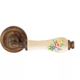   Linea Cali Dalia antik réz körrozettás kilincsgarnitúra rózsaszín virágos elefántcsontszín porcelánn