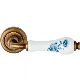   Linea Cali Dalia súrolt bronz körrozettás kilincsgarnitúra kék virágos fehér porcelánnal 600 RB 103