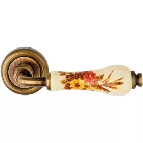   Linea Cali Dalia súrolt bronz körrozettás kilincsgarnitúra barna virágos elefántcsontszín porcelánna