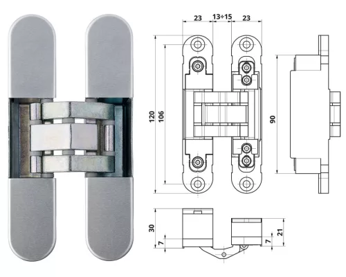 Otlav-Scharnier versteckt IN230 3D 23x120mm verzinkt.