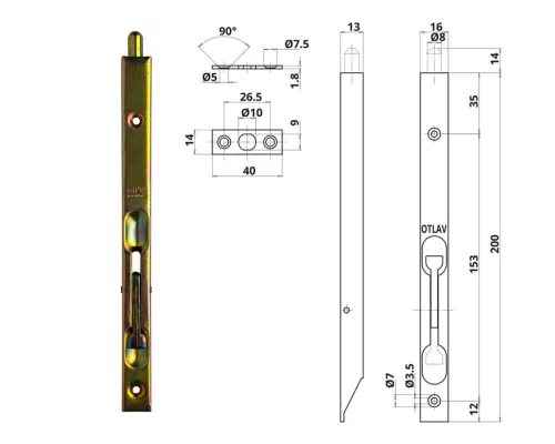Otlav Slide Lock Security 200mm silber quadratisch