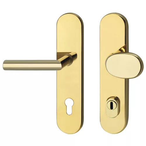 Marchesi pajzsos Biztonsági gombos garnitúra GEHRUNG PZ 88 cilinder védővel PVD-sárgarézszínű