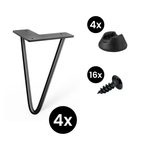 4 darabos hajtűláb készlet 200 mm 2 karú fekete alátétekkel és csavarokkal