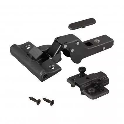 35 mm átmérőjű csésze alakú zsanér fekete kiadás behelyezhető rögzítőelemmel és integrált csillapítá