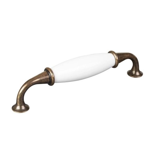 Bútor fogantyú 128 mm-es tengelytávolság antik sárgaréz/porcelán fehér